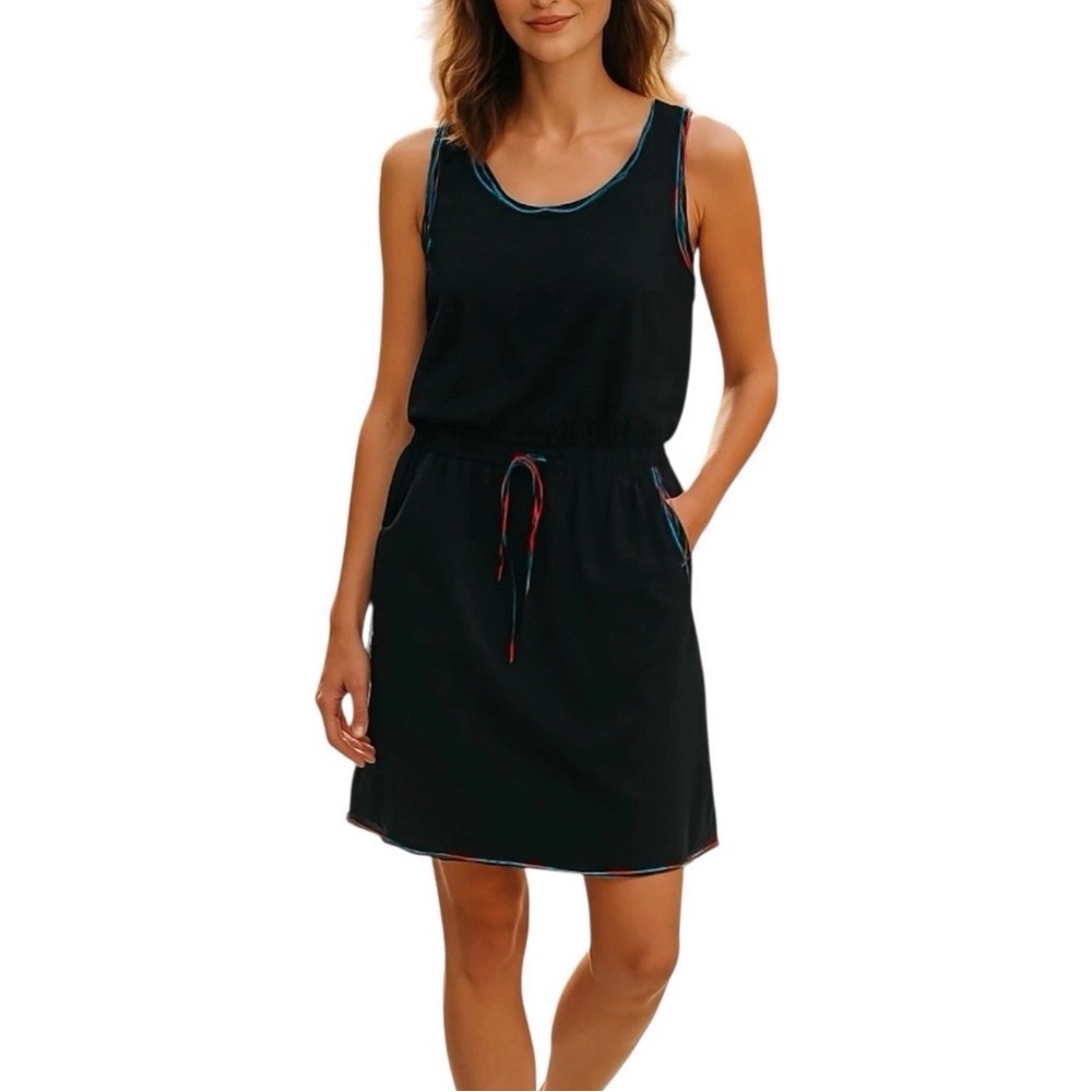 G by Giuliana Black Sleeveless Drawstring Tank Dress with Blue and Red Trim